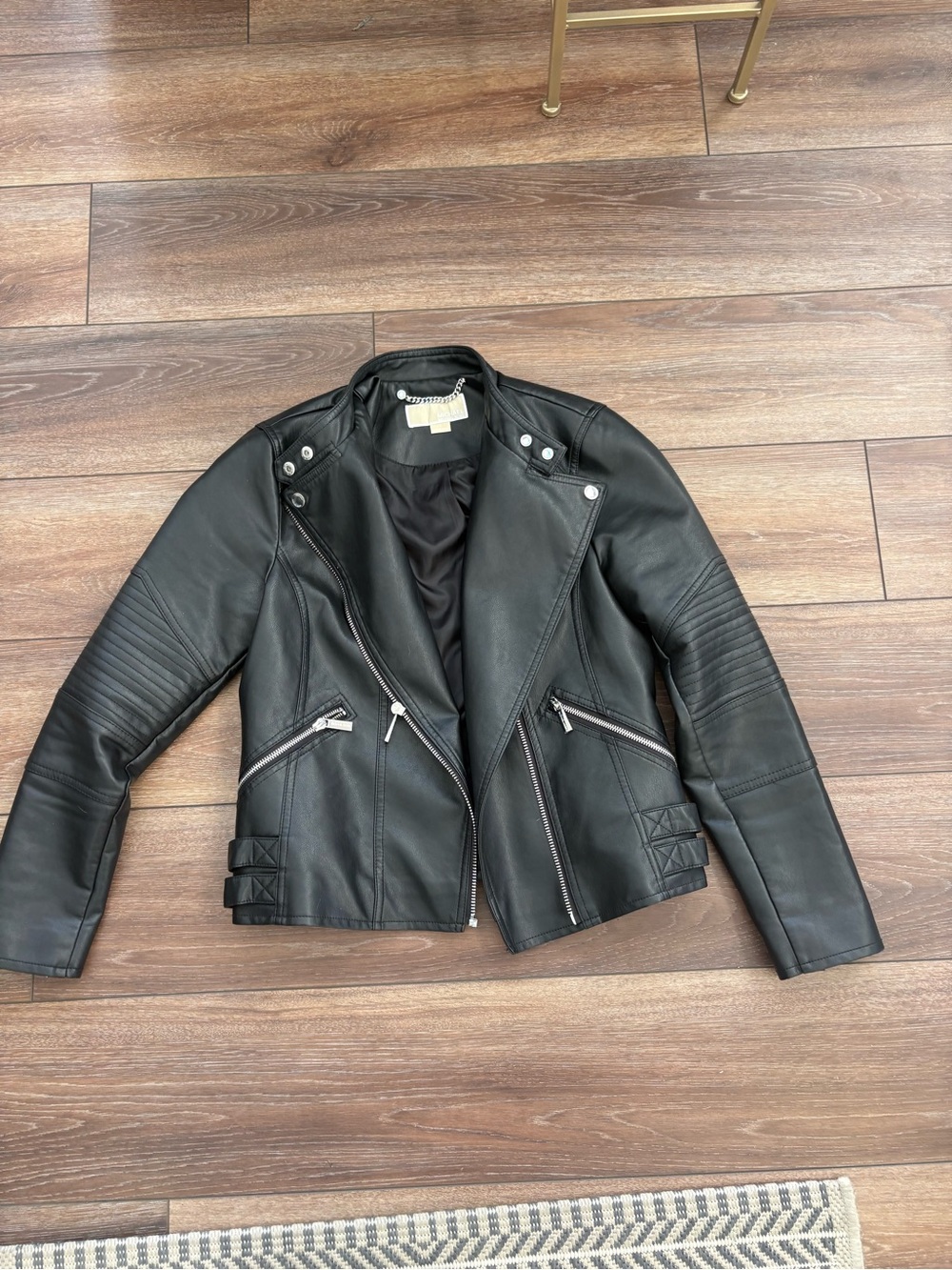 MICHAEL Michael Kors Black Faux Leather Moto Jacket with Quilted Sleeve Panels